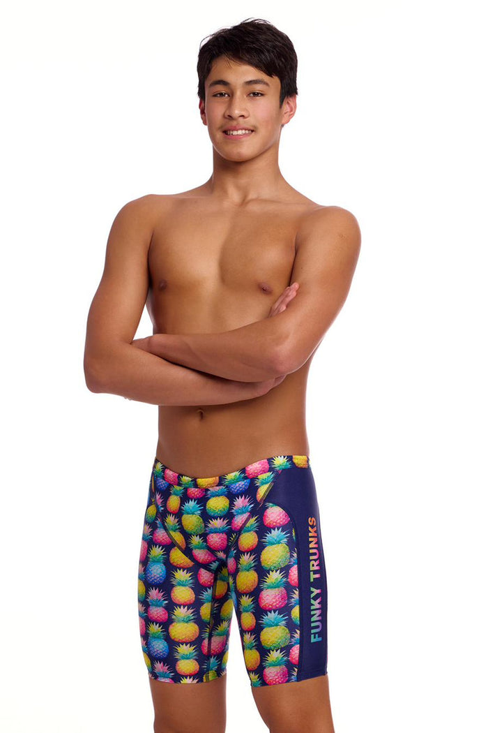 Funky Trunks Boys Pine Gap training jammers in multi-color, designed for swimming and athletic performance.