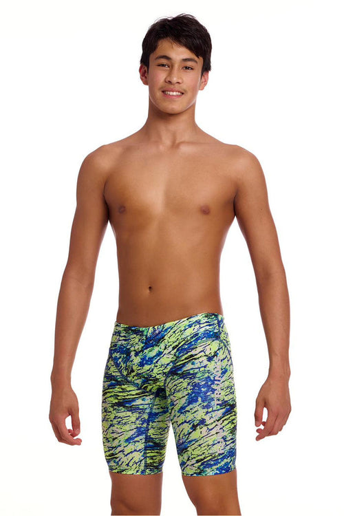 Funky Trunks boys' scaled-back fast training jammers in green and blue, featuring a sleek design for competitive swimming.