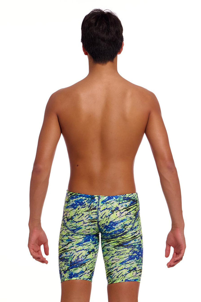 Funky Trunks boys' scaled-back fast training jammers in green and blue, designed for swimming and athletic training.