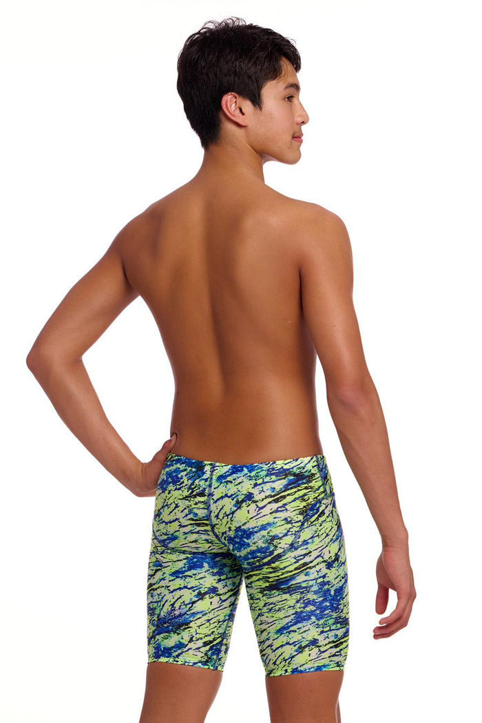 Funky Trunks boys' scaled-back fast training jammers in green and blue, designed for swimming and athletic training.