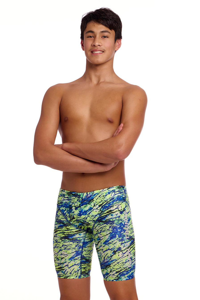 Funky Trunks boys' scaled back fast training jammers in green and blue, featuring a sleek design for competitive swimming.