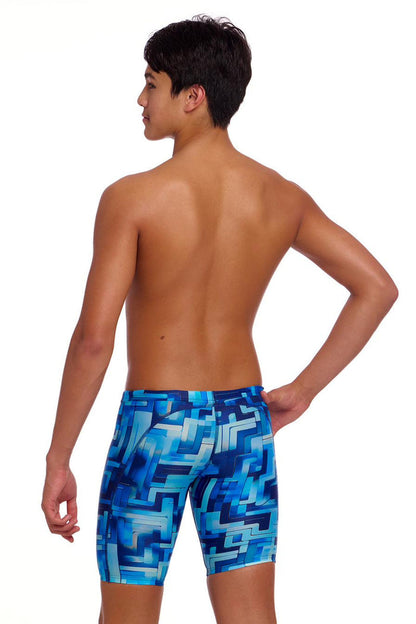Blue Funky Trunks boys' You Blued training jammers, close-up view showing elastic waistband and smooth swim fabric.