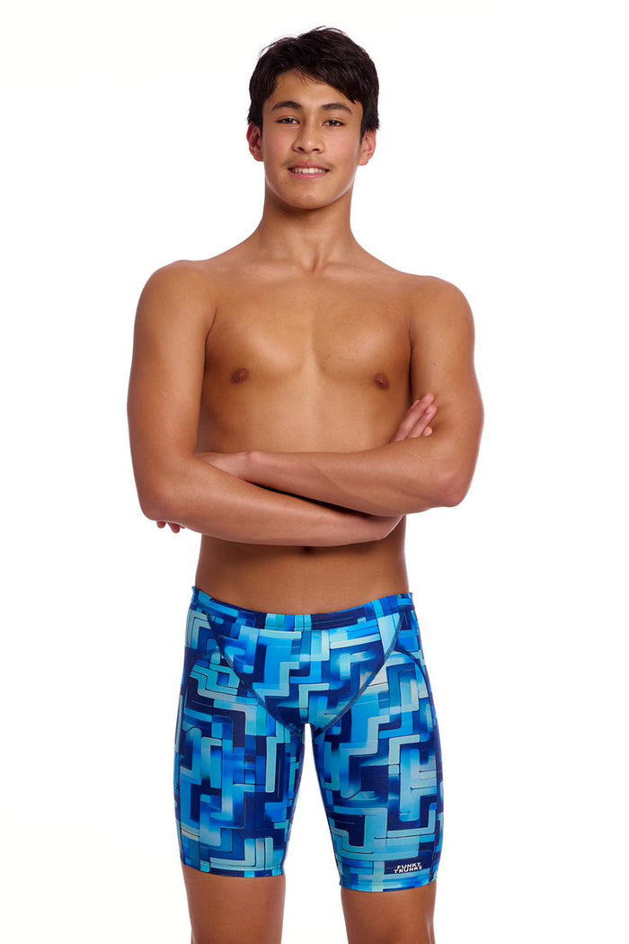 Funky Trunks boys' blue You Blued training jammers, sleek swimwear with a vibrant blue design perfect for swimming practice.