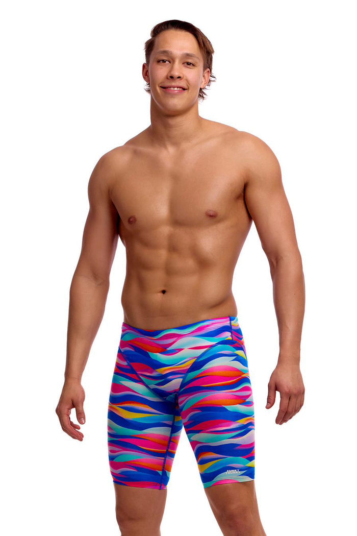 Funky Trunks men's Royal Wave fast training jammer in blue and white with wave pattern, designed for competitive swimming.
