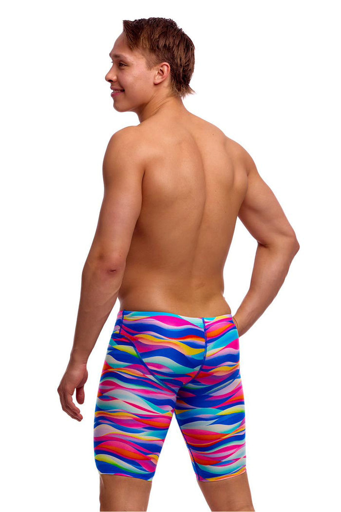 Funky Trunks men's royal wave fast training jammer in multi-color with bold wave pattern, designed for competitive swim training.