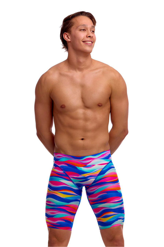 Funky Trunks men's Royal Wave fast training jammer in blue and white, designed for swimming and athletic performance.