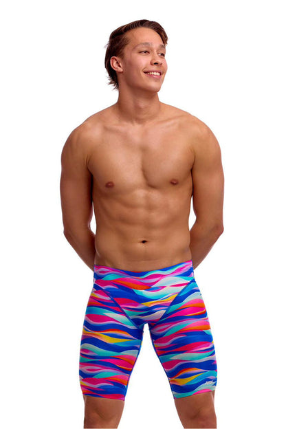 Funky Trunks men's Royal Wave fast training jammer in blue and white, designed for swimming and athletic performance.