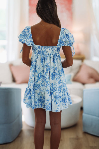 When You Think of Me Babydoll Mini Dress - Blue and White Floral Print