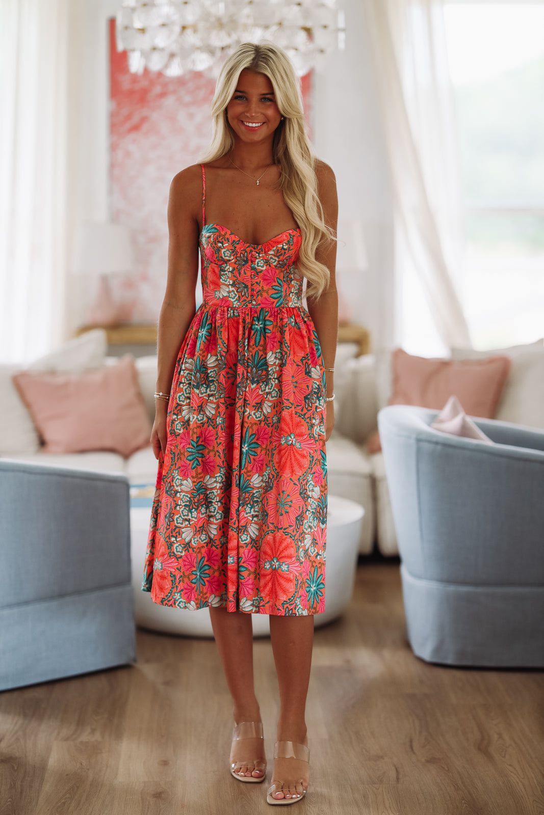 Gonna Find Ya Midi Dress - Orange, Pink and Green