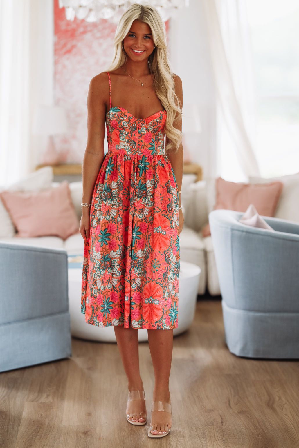 Gonna Find Ya Midi Dress - Orange, Pink and Green