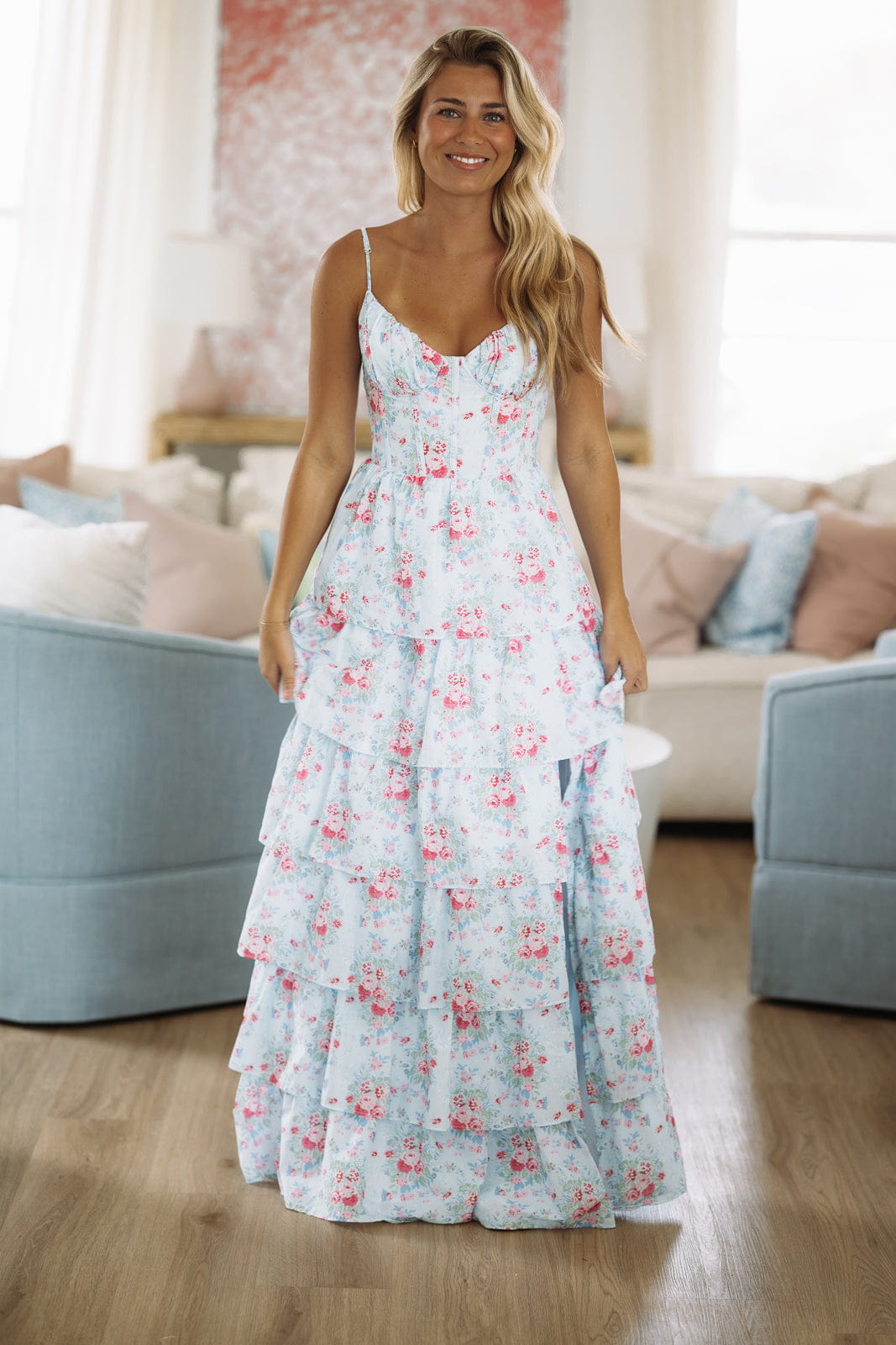 Charlotte Maxi Dress by Amy Jane London - Light Blue, Pink and Red