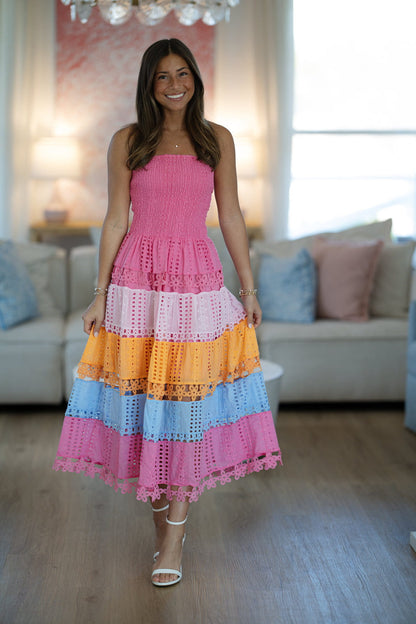Early Evening Midi Dress - Pink, Orange and Purple