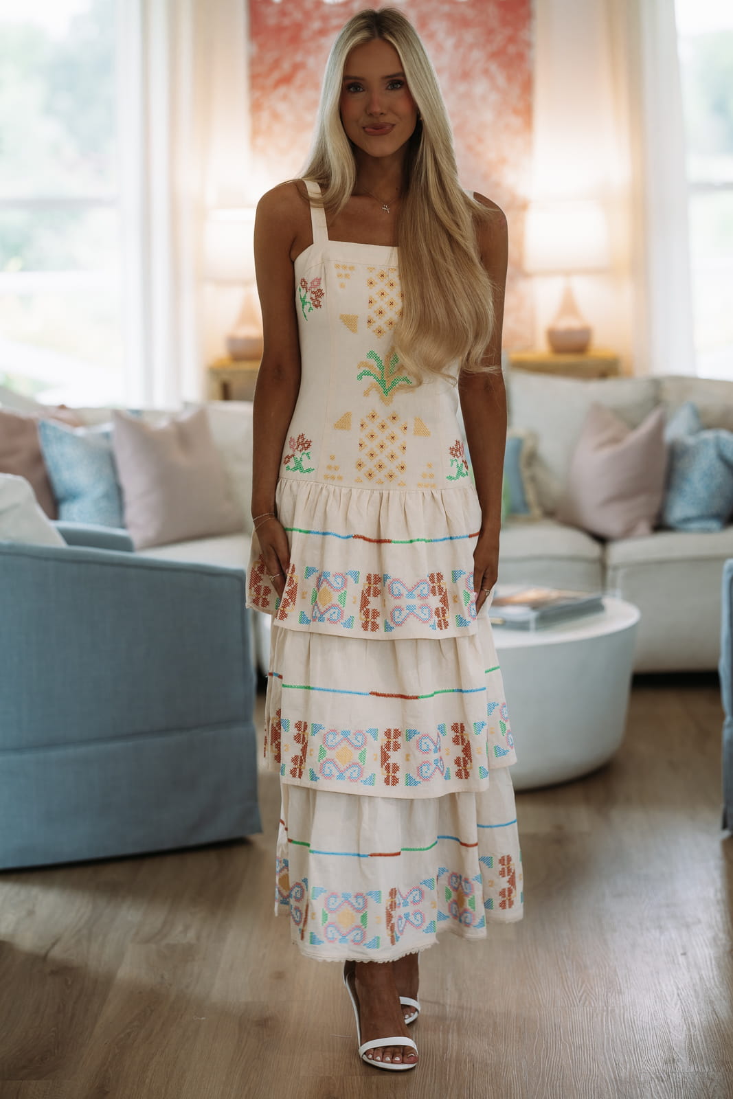 Cross-Stitched Meadow Maxi Dress - Ecru, Yellow, Green and Blue