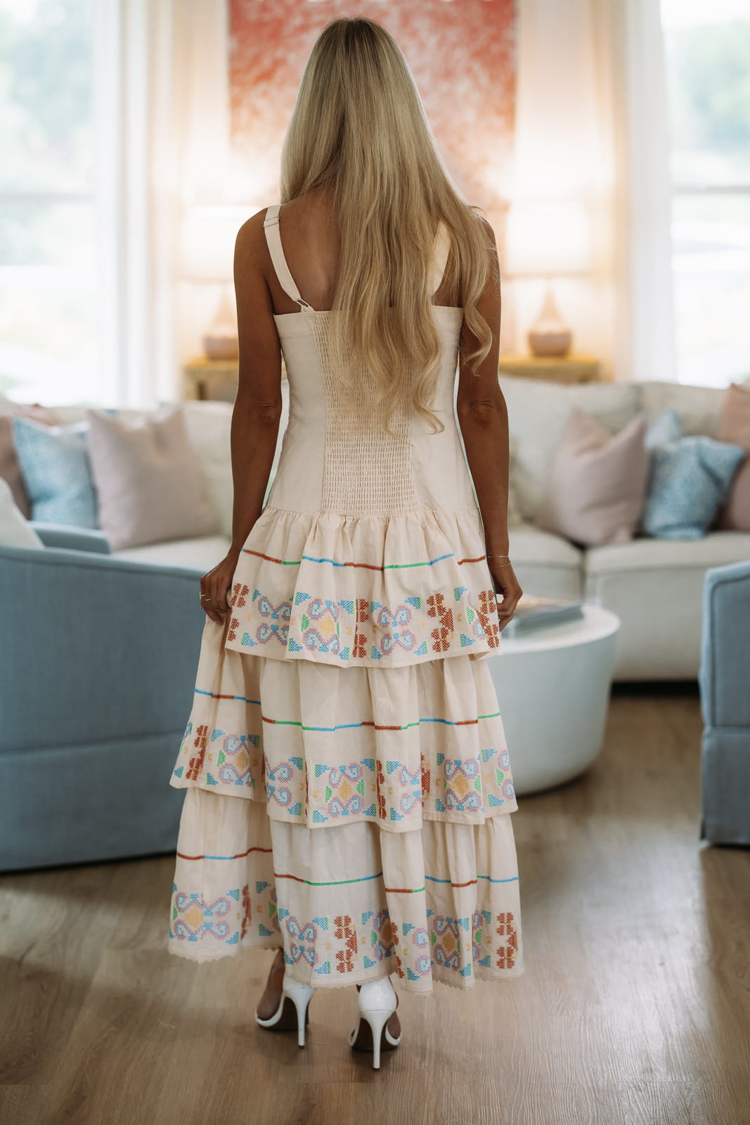 Cross-Stitched Meadow Maxi Dress - Ecru, Yellow, Green and Blue