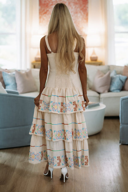 Cross-Stitched Meadow Maxi Dress - Ecru, Yellow, Green and Blue