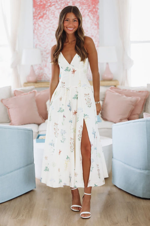 Lush Bouquets Midi Dress - Cream