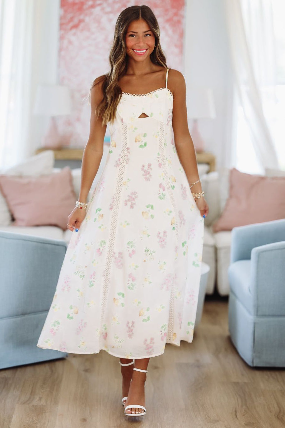 Tidepool Bloom Midi Dress - Cream, Yellow and Green