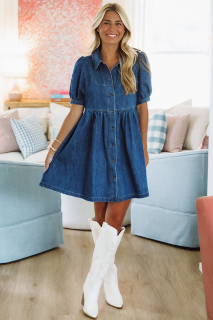 Headed to the Ryman Mini Dress - Indigo Denim