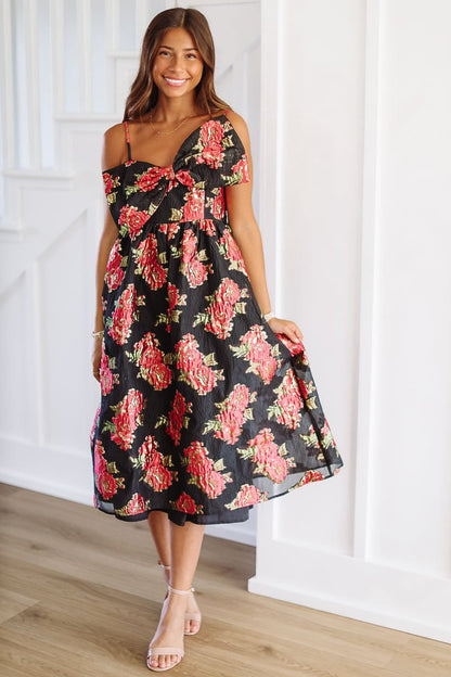 Scarlett Blossom Midi Dress - Black and Fuchsia (FINAL SALE)