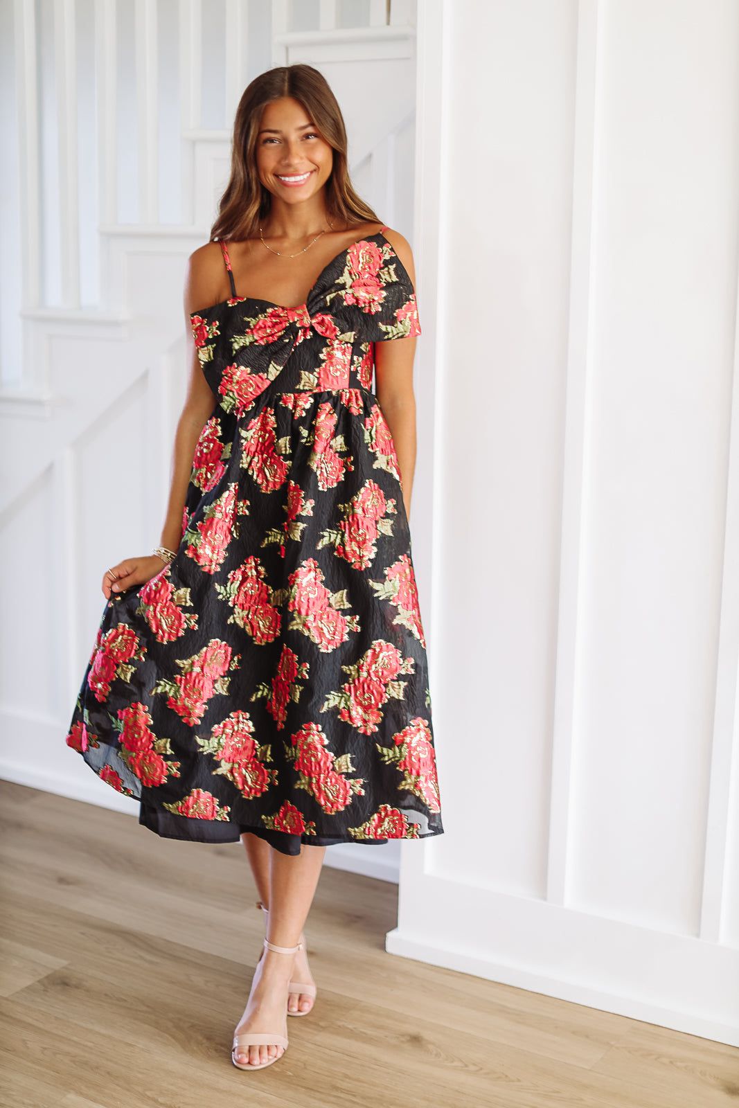 Scarlett Blossom Midi Dress - Black and Fuchsia (FINAL SALE)