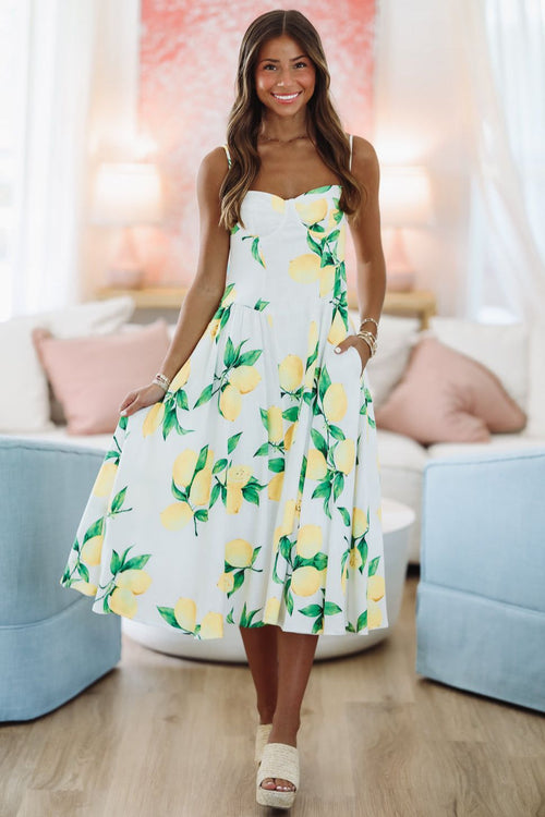 Paloma Midi Dress - White, Yellow and Green