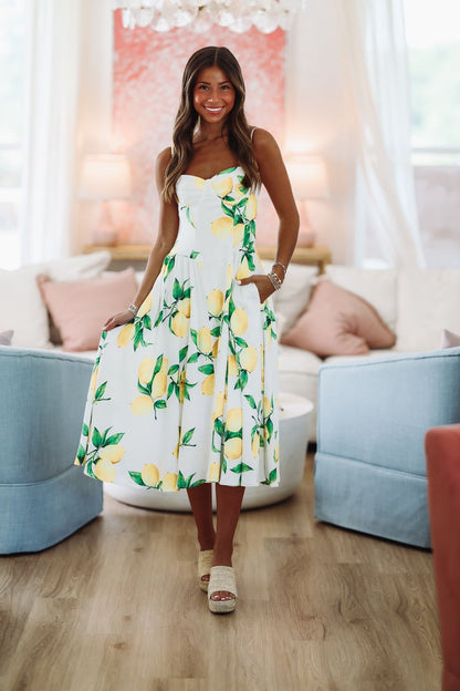 Paloma Midi Dress - White, Yellow and Green