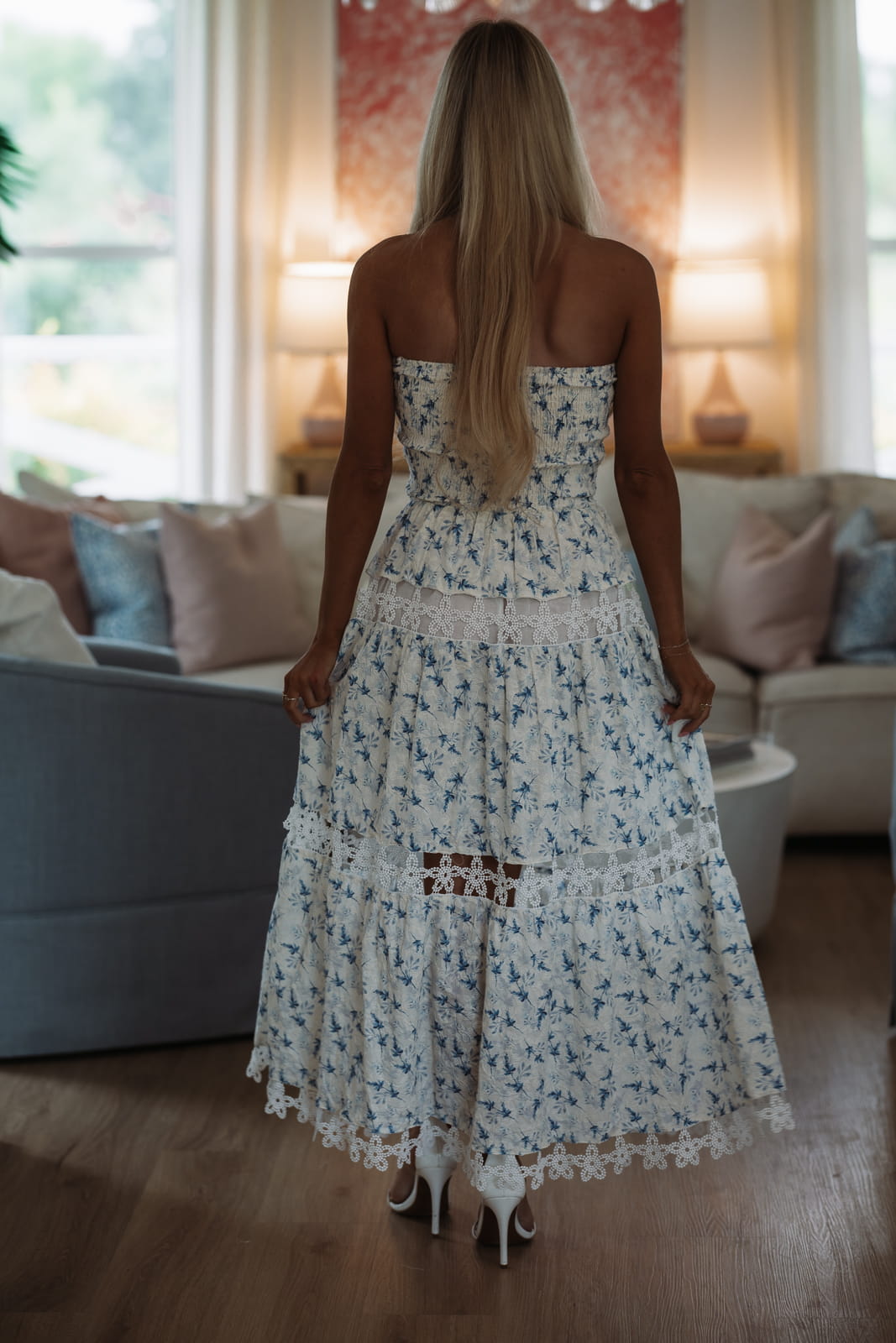 Dawn til Dusk Floral Midi Dress - Cream and Blue