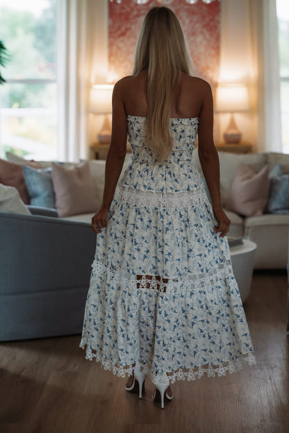 Dawn til Dusk Floral Midi Dress - Cream and Blue
