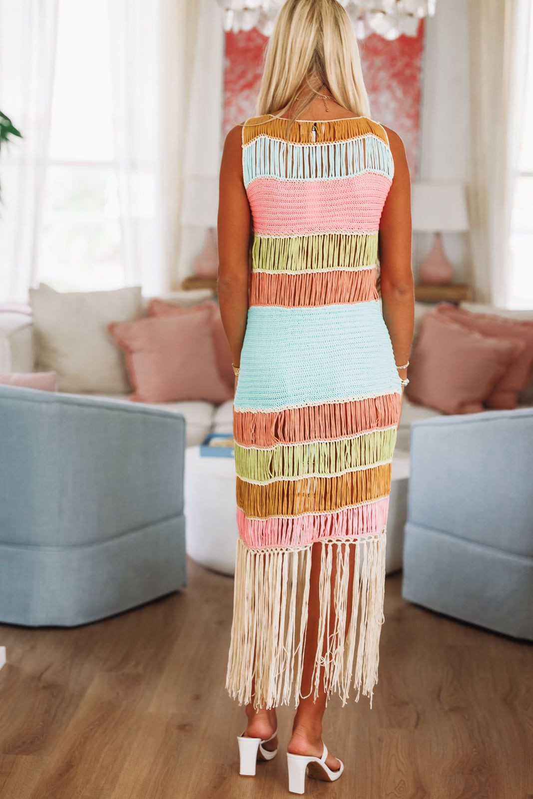 Vacation Worthy Crochet Maxi Coverup Dress - Aqua, Pink and Green