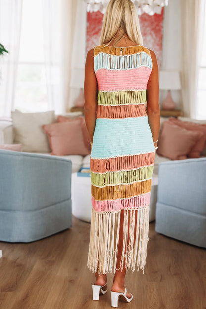 Vacation Worthy Crochet Maxi Coverup Dress - Aqua, Pink and Green