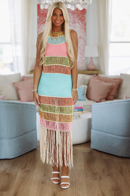Vacation Worthy Crochet Maxi Coverup Dress - Aqua, Pink and Green