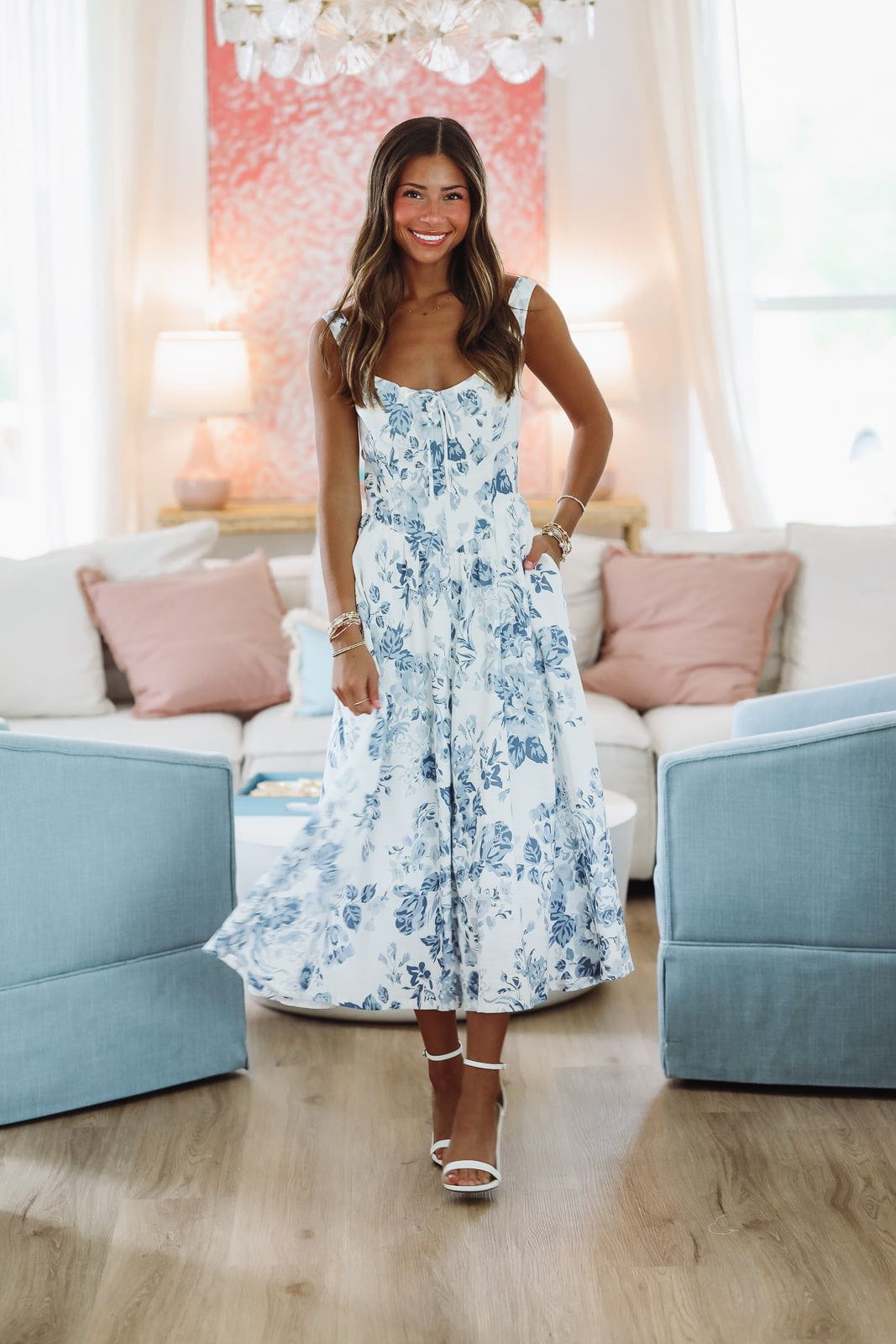 What It's Worth Midi Dress - Blue and White