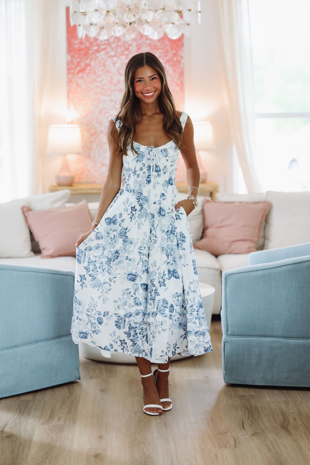 What It's Worth Midi Dress - Blue and White