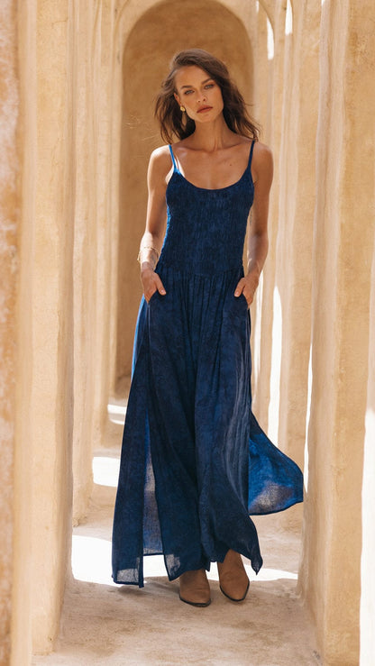 Smocked Bodice Mardin Maxi Dress - Hazy Naval