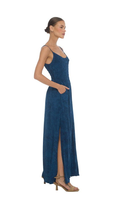 Smocked Bodice Mardin Maxi Dress - Hazy Naval