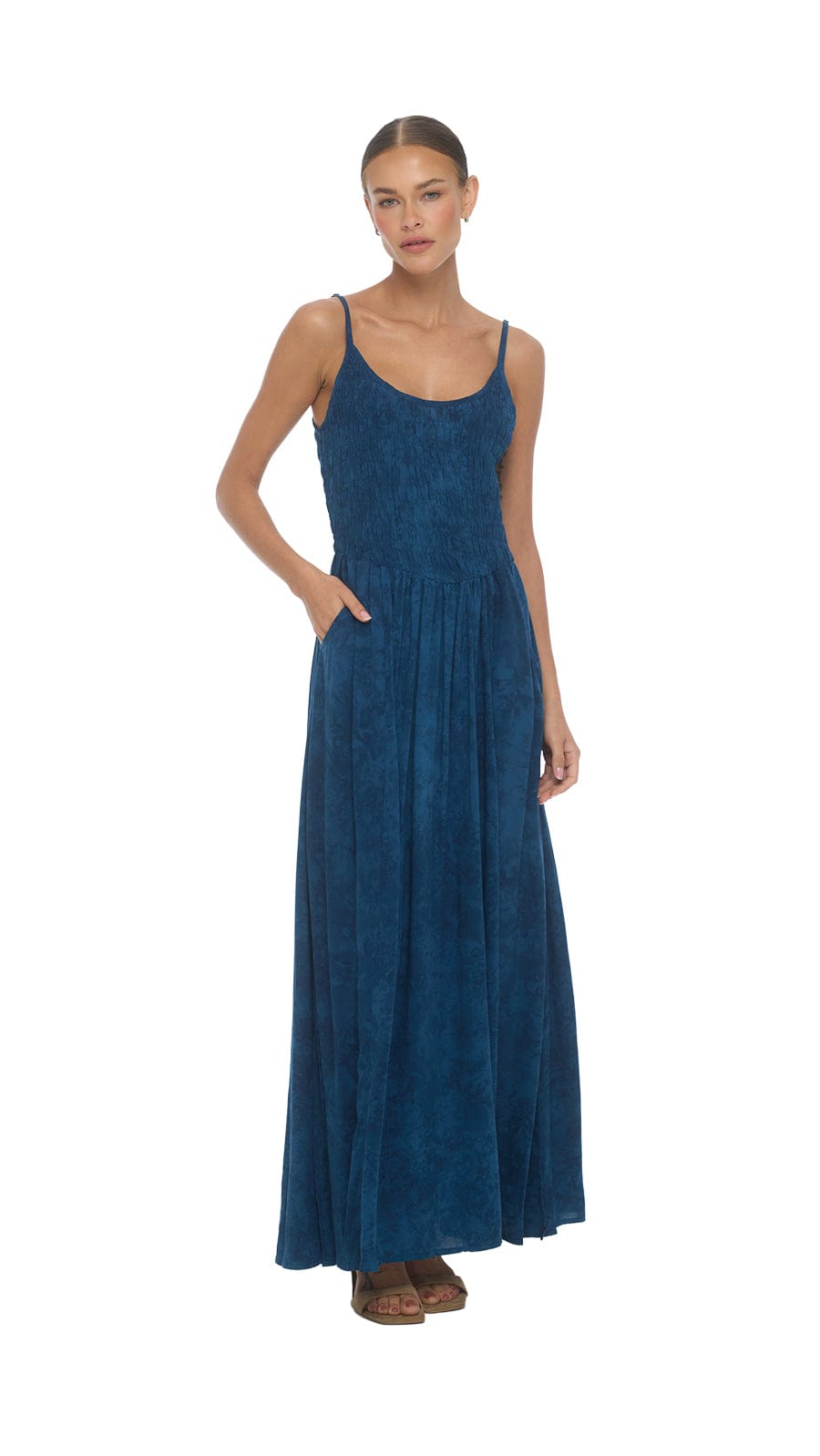 Smocked Bodice Mardin Maxi Dress - Hazy Naval