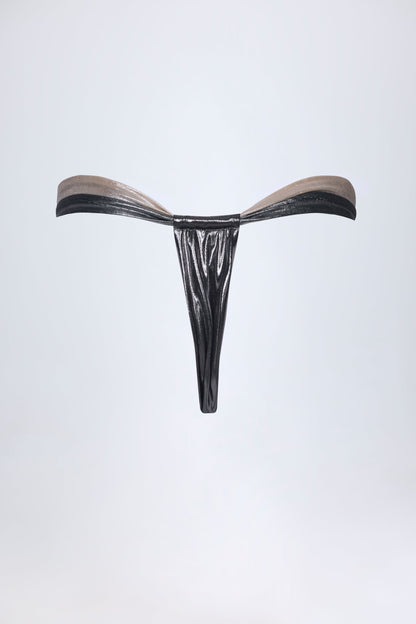 Ruched Thong Bikini Bottoms in Silver Chrome