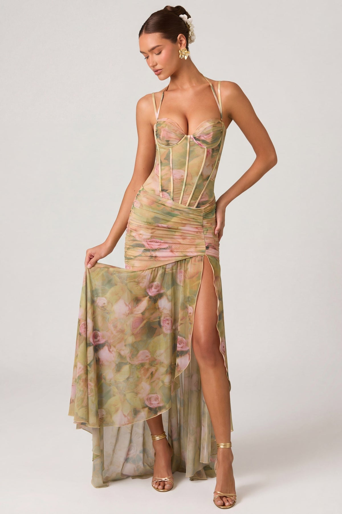 Ruched Asymmetric Corset Gown in Floral Multi Print