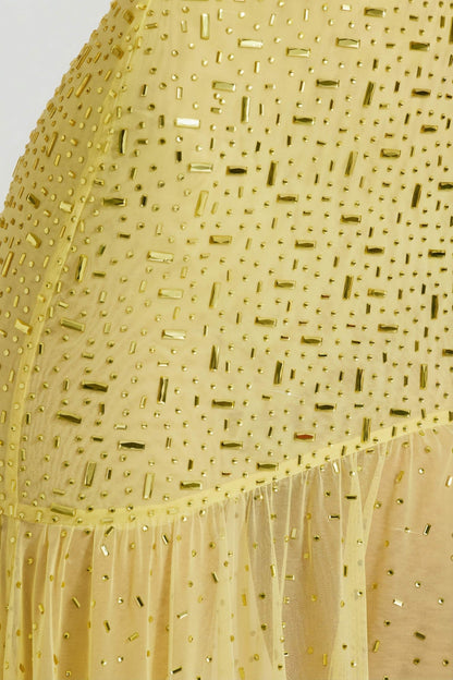 Semi-Sheer Embellished Asymmetric Maxi Dress in Yellow