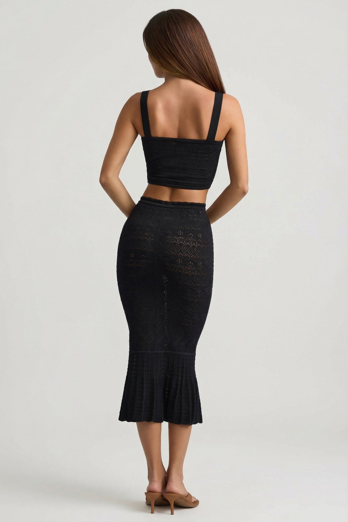 Ruffle-Trim Pointelle-Knit Midaxi Skirt in Black
