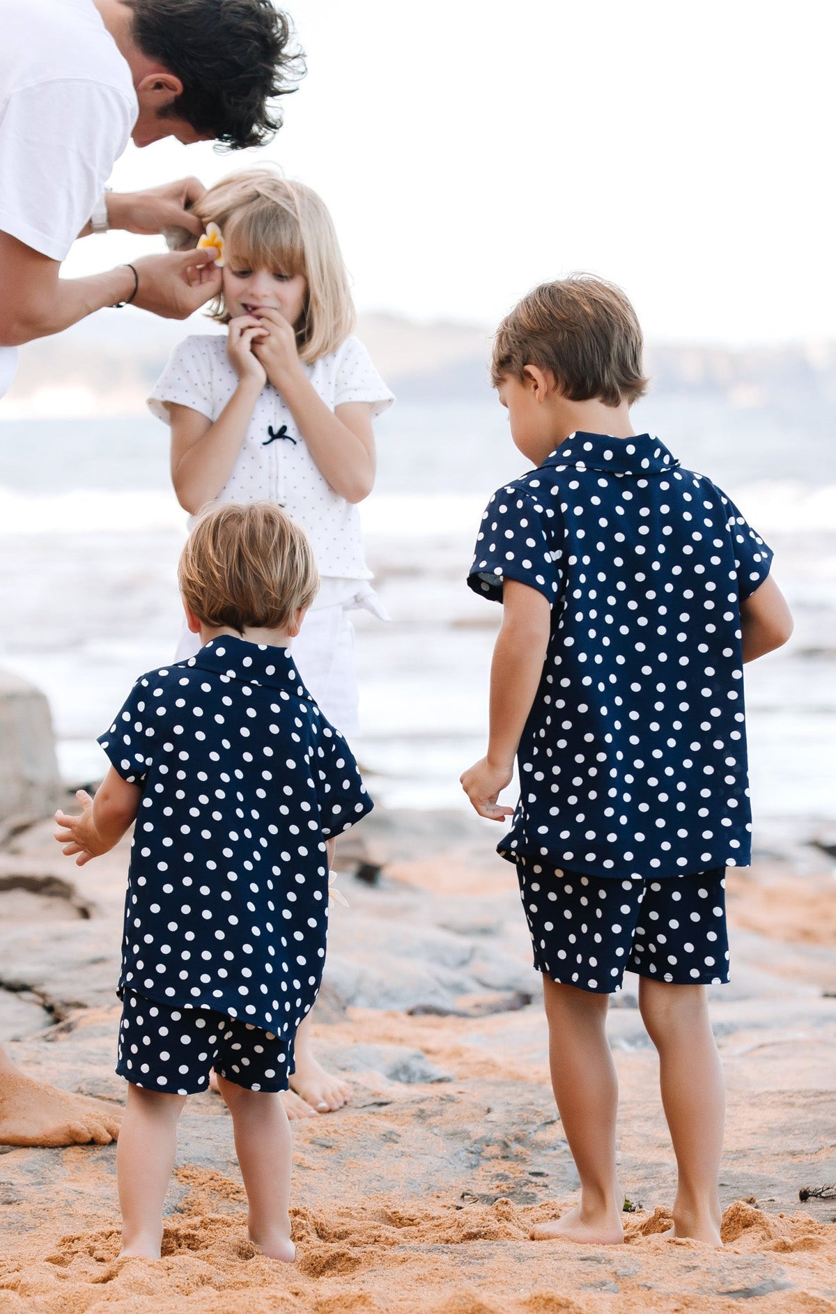Lil Button Up Shirt ~ Navy Polka Dot