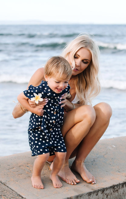 Lil Button Up Shirt ~ Navy Polka Dot