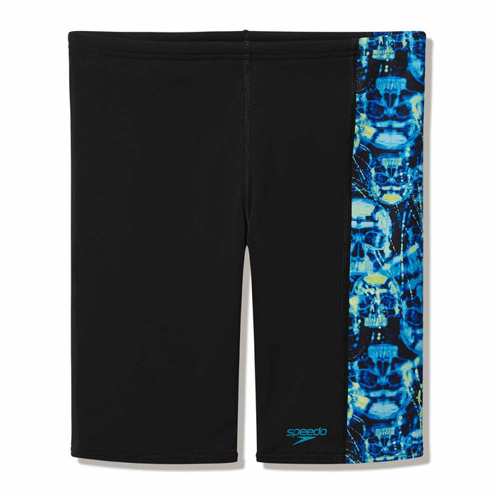 Speedo boys' print panel jammer in anthracite and hyper teal, featuring colorful swimwear with a sleek, fitted design.
