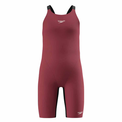 Speedo Girls Fastskin Junior Endurance+ Max openback kneesuit in regal red and black, designed for competitive swimming.