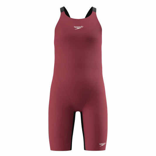 Speedo Girls Fastskin Junior Endurance+ Max openback kneesuit in regal red and black, designed for competitive swimming.