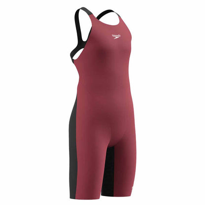 Speedo Girls Fastskin Junior Endurance+ Max openback kneeskin swimsuit in regal red and black, designed for competitive swimming.