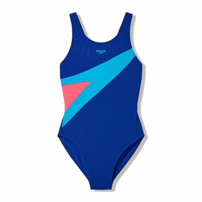 Speedo girls' Hyperboom butterfly back swimsuit in Night Watch, Hyper Teal, and Post It Pink, featuring colorful butterfly design.
