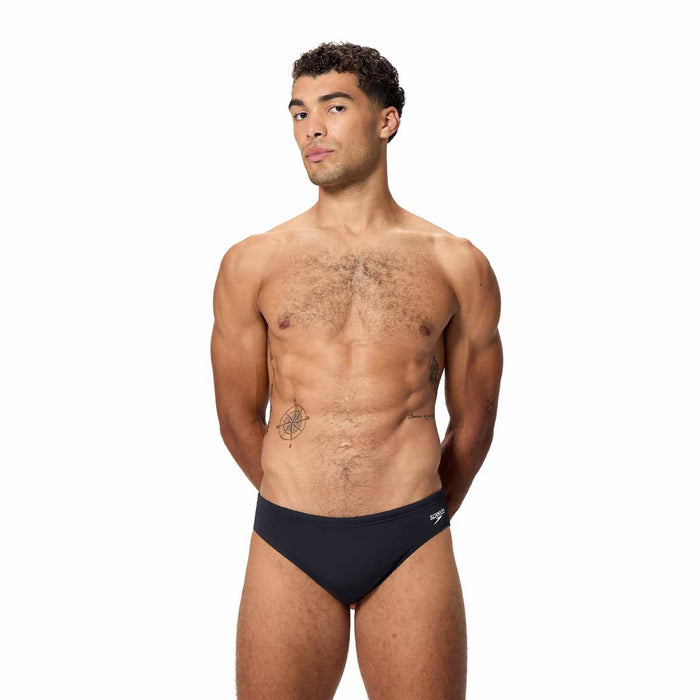 Speedo men's Endurance+ logo briefs in anthracite, 2.5-inch swimwear with branded logo and snug fit.