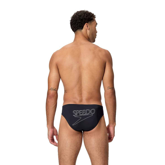 Speedo men's Endurance+ logo brief in anthracite, 2.5-inch swim briefs with Speedo branding and durable fabric.