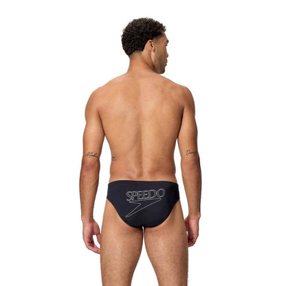 Speedo men's Endurance+ logo brief in anthracite, 2.5-inch swim briefs with Speedo branding and durable fabric.